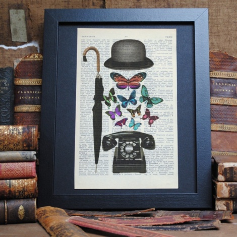 Bowler Hat, Umbrella and Telephone Upcycled Print