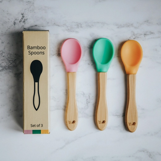 Baby Bamboo Weaning Spoons - Set of 3 - Pink, Green & Yellow