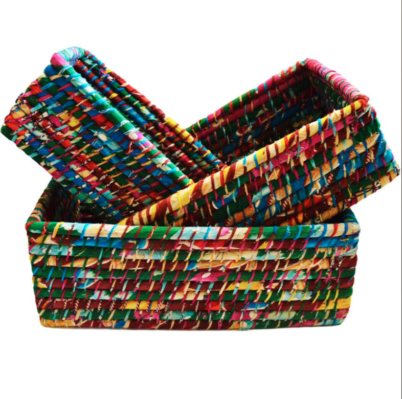 Grass & Recycled Sari Basket - Set of 3