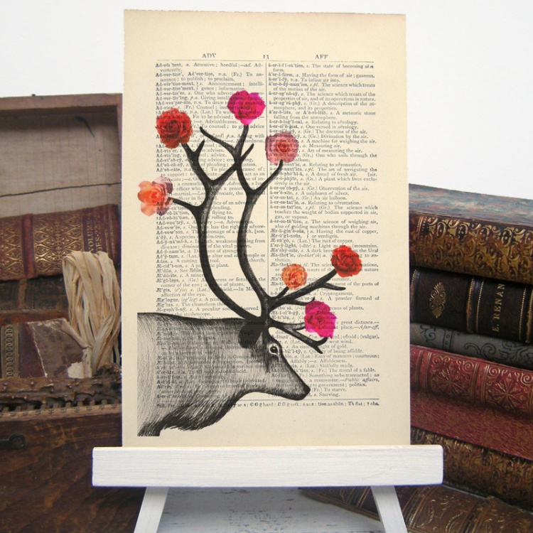 Stags with Roses Vintage Print